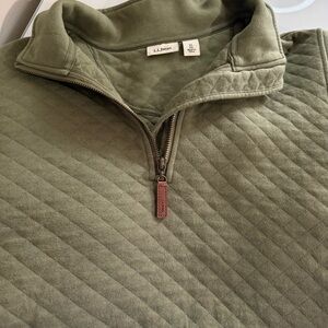 L.L.Bean Olive Quilted Half-Zip Pullover with Leather Zip Pull
